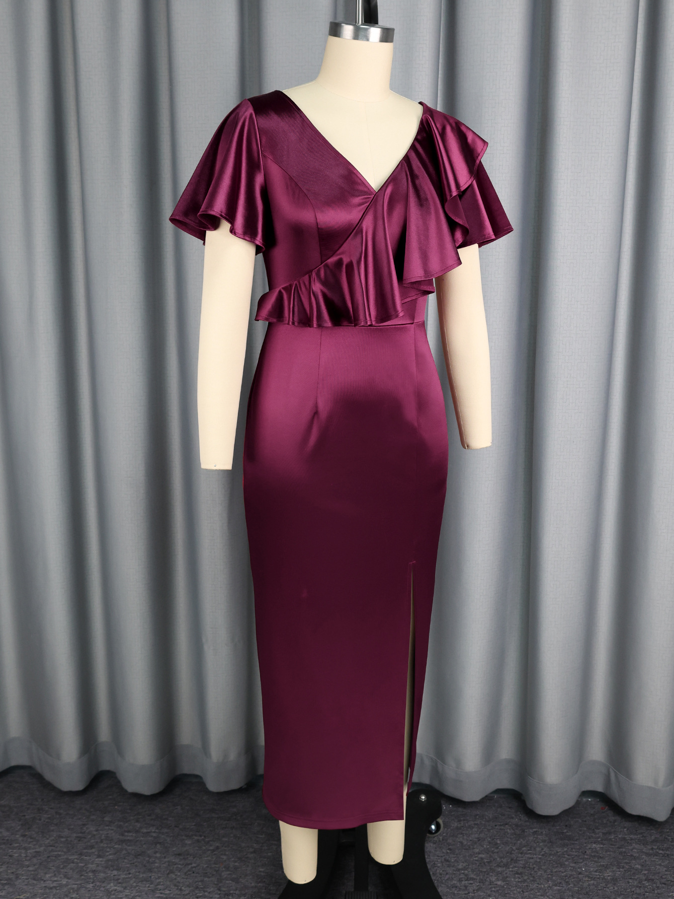 Sexy V-Neck Satin Party Dress Flounce Slim Fit Slit Bodycon Long Dress