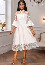 Lace Stand Collar Single Row Buttons See-Through A-Line Midi Dress Bell Bottom Sleeve Slim Waist Elegant Party Dress Lace Stand Collar Single Row Buttons See-Through A-Line Midi Dress Bell Bottom Sleeve Slim Waist Elegant Party Dress
