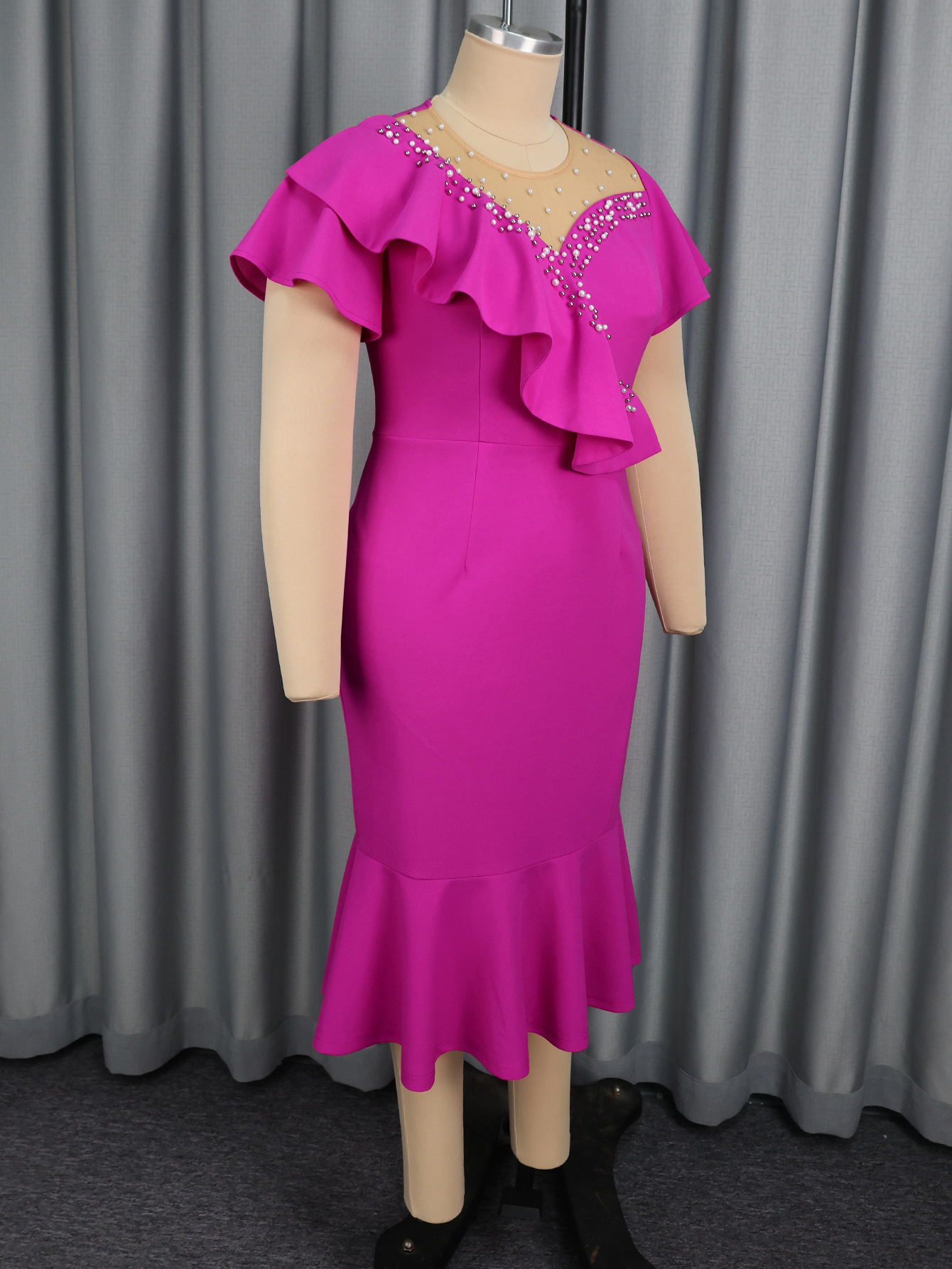 Round Neck Beaded Asymmetric Flounce Slim Fit Formal Party Mermaid Party Dress