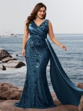 Plus Size Elegant Sequins Patchwork Fitted V-Neck Short Sleeve Cocktail Dress Bridesmaid Gown