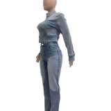 Women's Fashion Sexy High Stretch Patchwork Color Block Washed Denim Casual Two-Piece Pants Set
