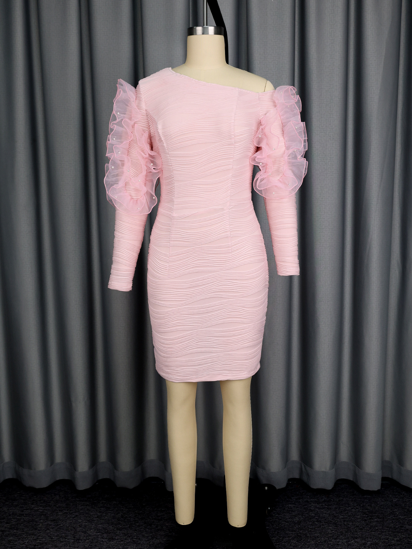 Elegant Pearl Mesh Flounce Long Sleeve Sexy Off-the-Shoulder Slim Evening Bodycon Dresses