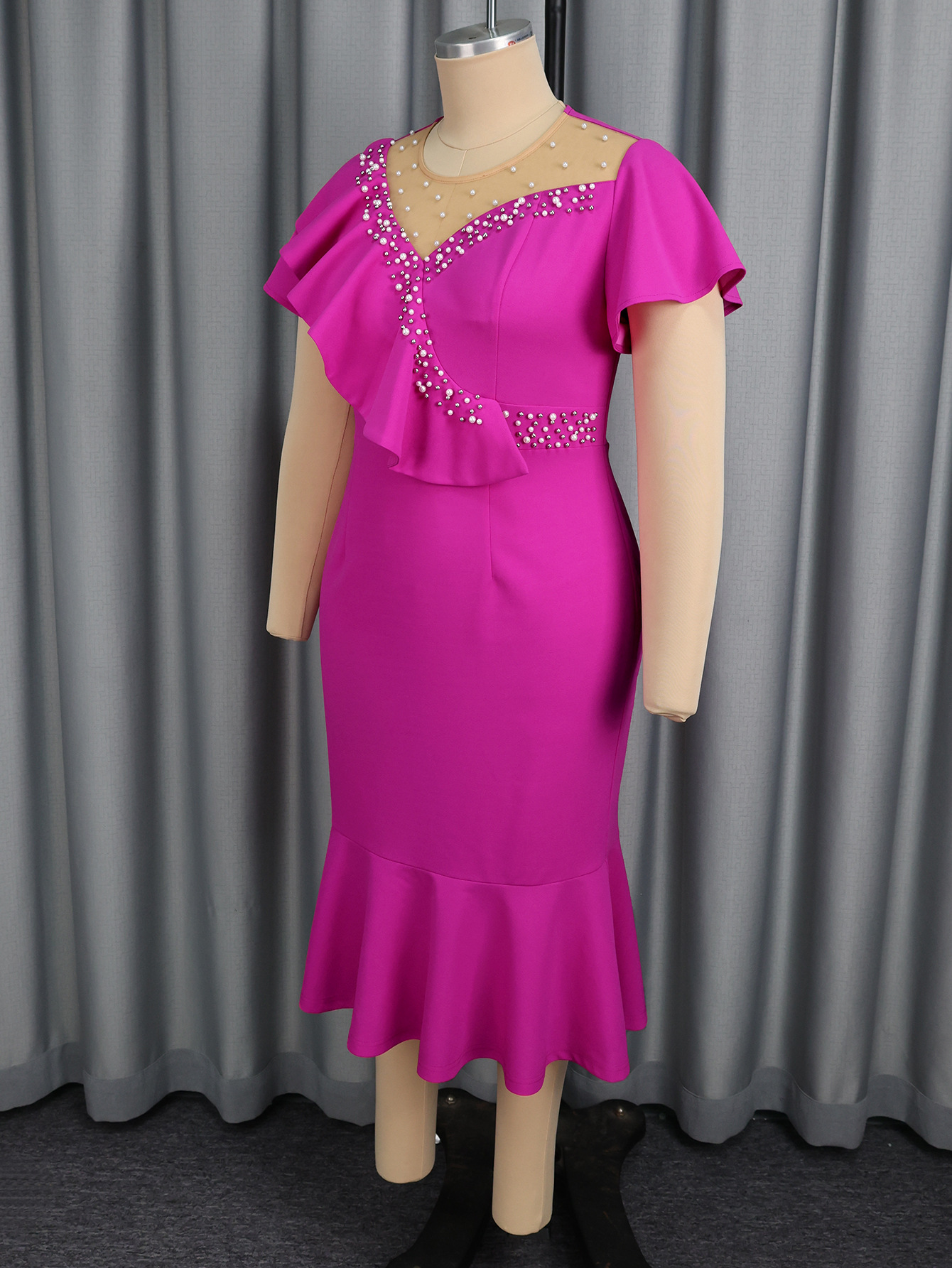 Round Neck Beaded Asymmetric Flounce Slim Fit Formal Party Mermaid Party Dress