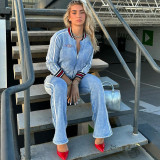 Autumn Women's Striped Color Block Long Sleeve Top Flared Pants Casual Set