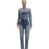 Women's Fashion Sexy High Stretch Patchwork Color Block Washed Denim Casual Two-Piece Pants Set