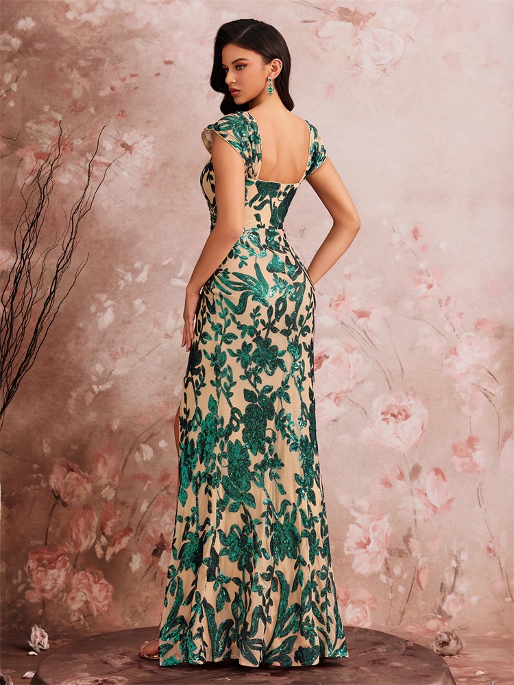 Elegant Cocktail Formal Party Evening Dress Embroidered Sequins Women's Slit Mermaid Gown