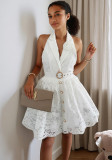 Women's Autumn Solid Color Sleeveless V-Neck Halter Neck Low Back A-line Chic Dress