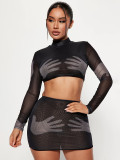 Spring Mesh Palm Printed Women's Long Sleeve See-Through Top Short Skirt Set
