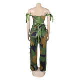 Printed Lace-Up Drawstring Multi-Pocket Two Piece Pants Set
