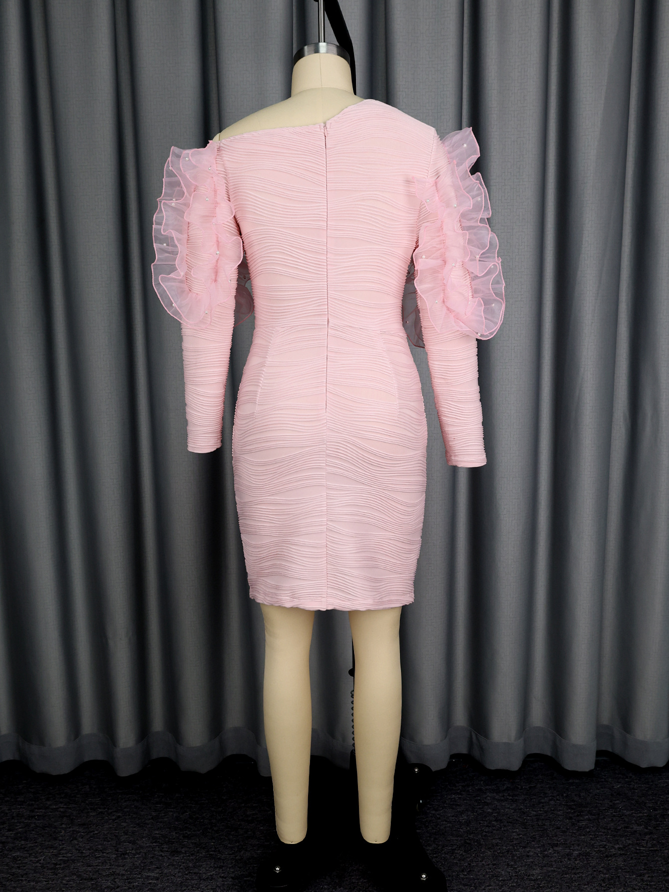 Elegant Pearl Mesh Flounce Long Sleeve Sexy Off-the-Shoulder Slim Evening Bodycon Dresses