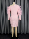 Elegant Pearl Mesh Flounce Long Sleeve Sexy Off-the-Shoulder Slim Evening Bodycon Dresses
