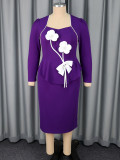 Women's Purple Square Neck Floral Color Block Long Sleeve Dress Slim Fit Party Bodycon Dress