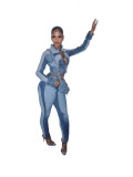 Women's Fashion Sexy High Stretch Patchwork Color Block Washed Denim Casual Two-Piece Pants Set