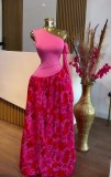 Women's Autumn Sleeveless Slash Shoulder Slim Fit Print Pleated Chic Long Dress