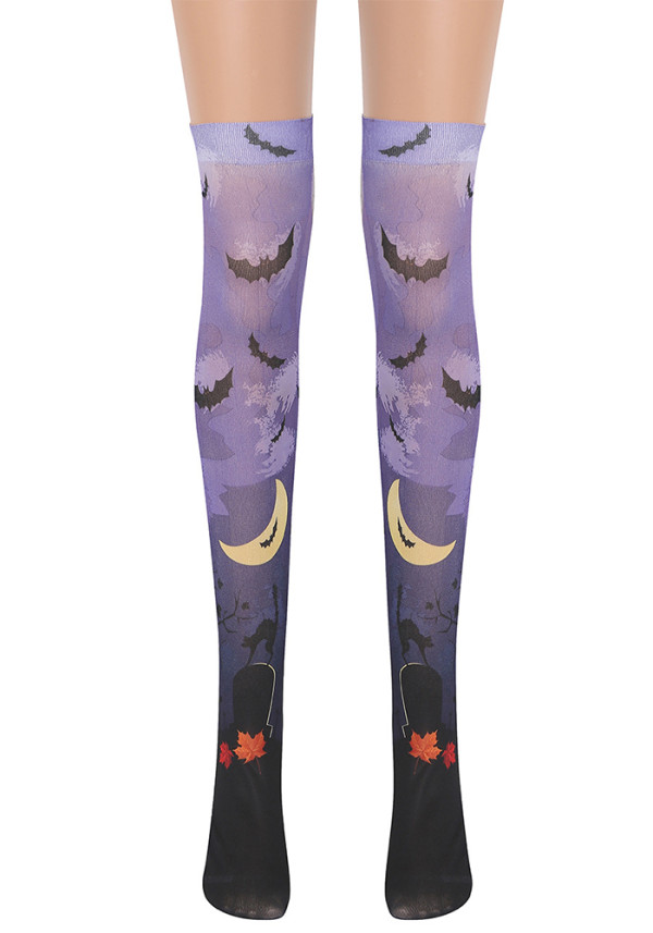 Light Purple Wilderness Wolf Dark Bat Halloween Socks Costume Party Outfit Knee-High Bat Long Stockings