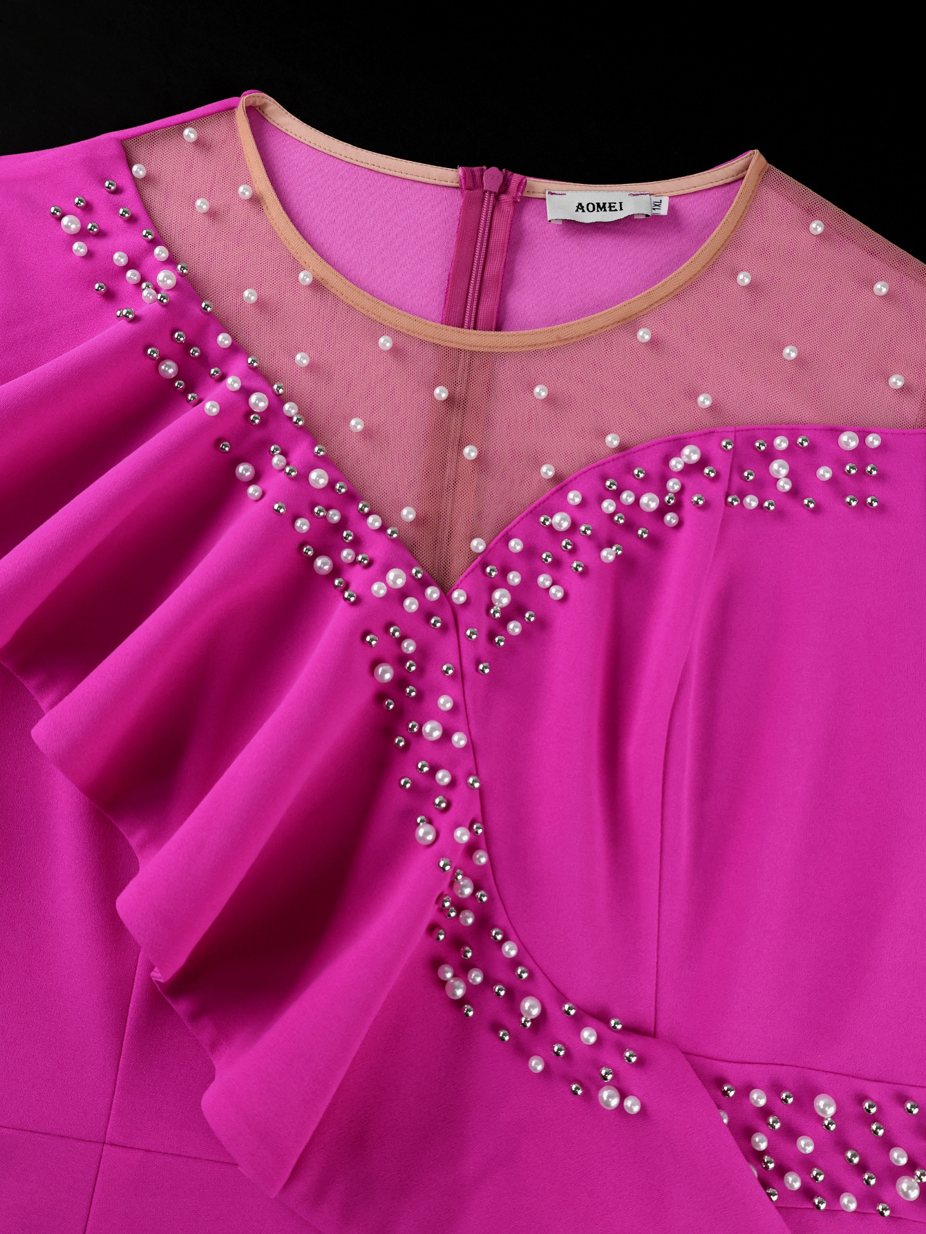 Round Neck Beaded Asymmetric Flounce Slim Fit Formal Party Mermaid Party Dress