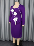 Women's Purple Square Neck Floral Color Block Long Sleeve Dress Slim Fit Party Bodycon Dress