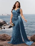 Plus Size Elegant Sequins Patchwork Fitted V-Neck Short Sleeve Cocktail Dress Bridesmaid Gown
