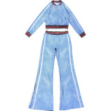 Autumn Women's Striped Color Block Long Sleeve Top Flared Pants Casual Set