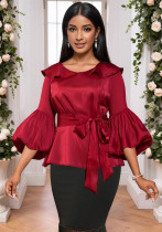 Peter Pan Collar Lantern Sleeve Bow Slim Waist Top Belly Cover Slim Fit Party Shirt