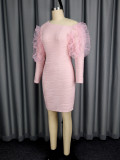 Elegant Pearl Mesh Flounce Long Sleeve Sexy Off-the-Shoulder Slim Evening Bodycon Dresses