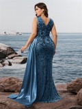 Plus Size Elegant Sequins Patchwork Fitted V-Neck Short Sleeve Cocktail Dress Bridesmaid Gown