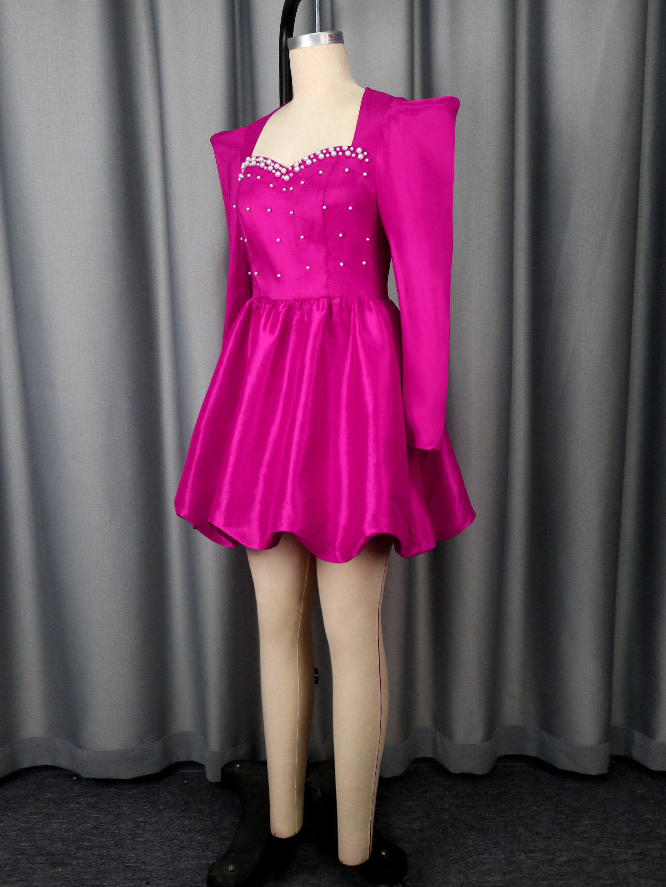 Fashion Square Neck Beaded Long Sleeve Party Dress Lantern Sleeve Slim Waist Puffy Ball Gown Evening Dress