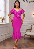 Round Neck Beaded Asymmetric Flounce Slim Fit Formal Party Mermaid Party Dress