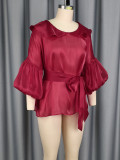 Peter Pan Collar Lantern Sleeve Bow Slim Waist Top Belly Cover Slim Fit Party Shirt