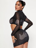 Spring Mesh Palm Printed Women's Long Sleeve See-Through Top Short Skirt Set