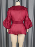 Peter Pan Collar Lantern Sleeve Bow Slim Waist Top Belly Cover Slim Fit Party Shirt