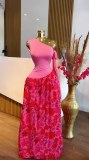 Women's Autumn Sleeveless Slash Shoulder Slim Fit Print Pleated Chic Long Dress