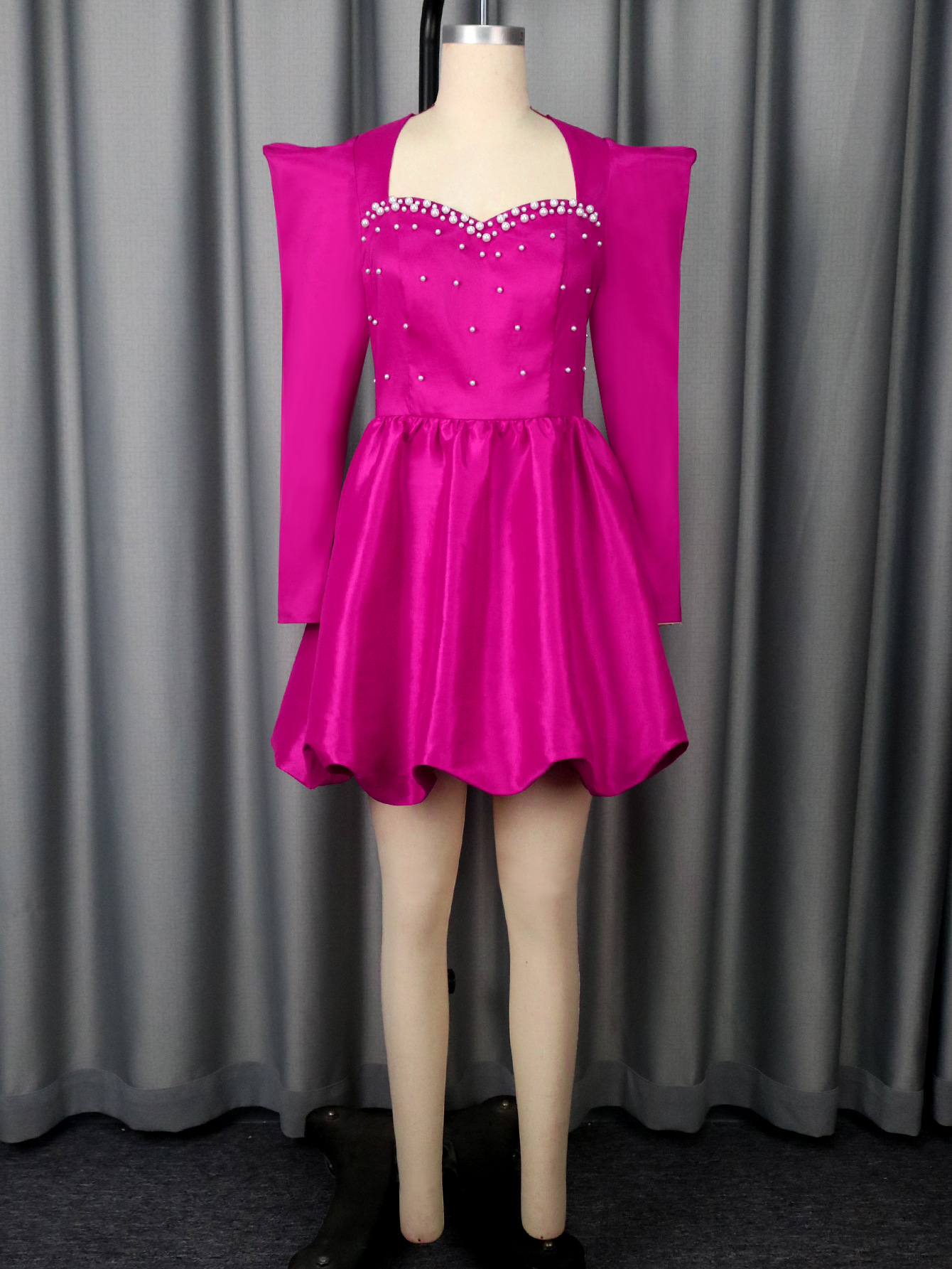 Fashion Square Neck Beaded Long Sleeve Party Dress Lantern Sleeve Slim Waist Puffy Ball Gown Evening Dress