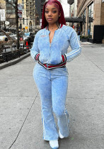 Autumn Women's Striped Color Block Long Sleeve Top Flared Pants Casual Set