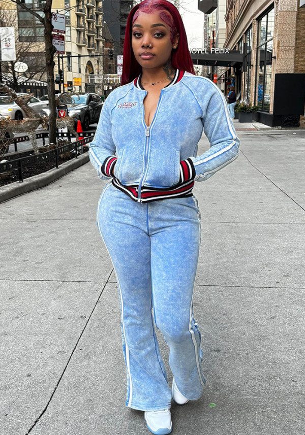Autumn Women's Striped Color Block Long Sleeve Top Flared Pants Casual Set