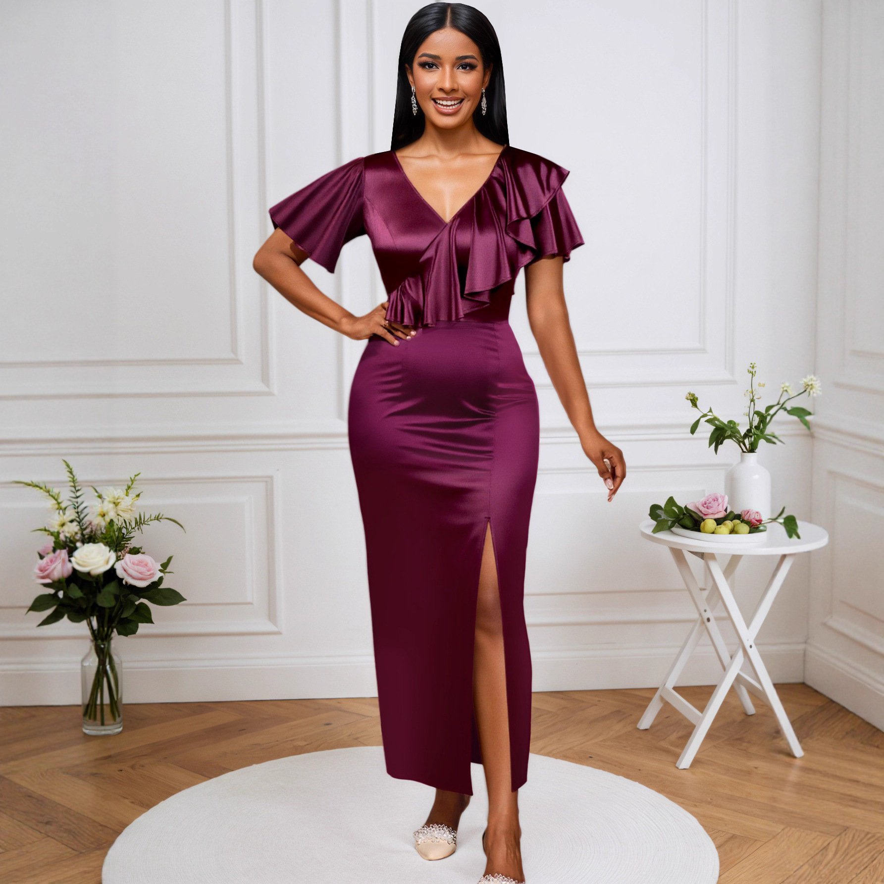 Sexy V-Neck Satin Party Dress Flounce Slim Fit Slit Bodycon Long Dress