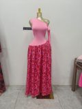 Women's Autumn Sleeveless Slash Shoulder Slim Fit Print Pleated Chic Long Dress