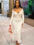 Women's Autumn Sexy Off Shoulder Fashion Long Sleeve Pleated Design Long Dress