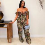 Printed Lace-Up Drawstring Multi-Pocket Two Piece Pants Set