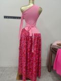 Women's Autumn Sleeveless Slash Shoulder Slim Fit Print Pleated Chic Long Dress