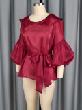 Peter Pan Collar Lantern Sleeve Bow Slim Waist Top Belly Cover Slim Fit Party Shirt