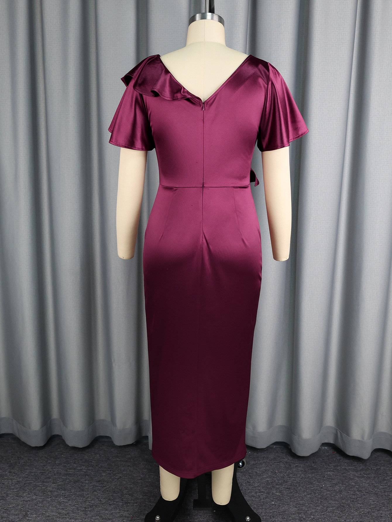 Sexy V-Neck Satin Party Dress Flounce Slim Fit Slit Bodycon Long Dress