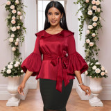 Peter Pan Collar Lantern Sleeve Bow Slim Waist Top Belly Cover Slim Fit Party Shirt