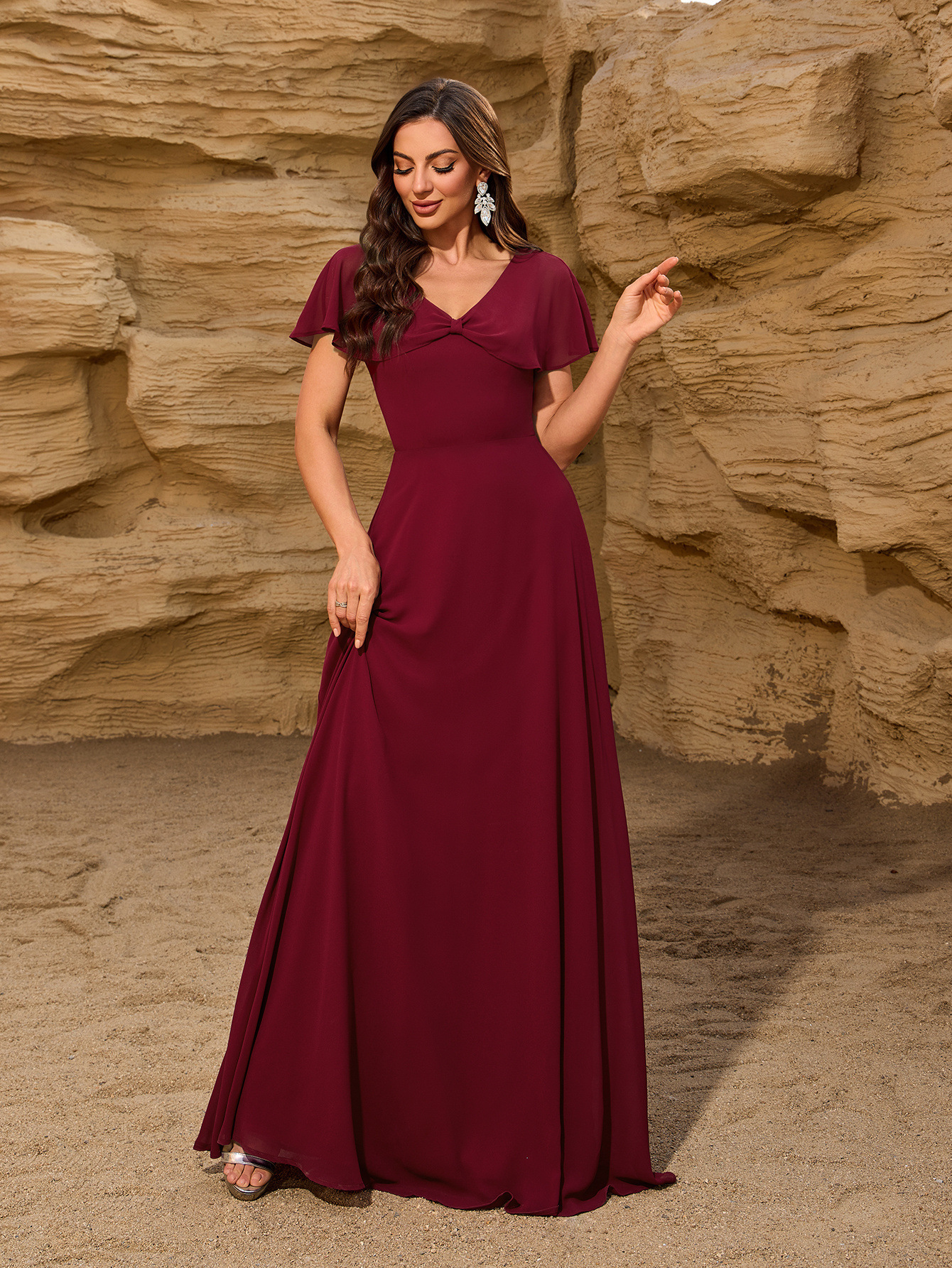 Women Chiffon V-Neck Bow Shawl Zipper Back Evening Dress