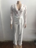 Women Lace Patchwork Long-Sleeved Casual Wide-Leg Jumpsuit