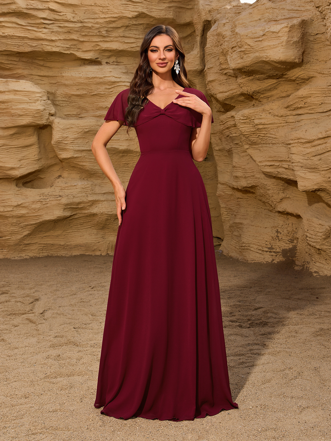 Women Chiffon V-Neck Bow Shawl Zipper Back Evening Dress