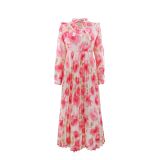 Women Elegant Holiday Print Long-Sleeved Pleated Dress