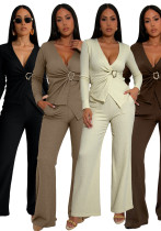 Women Stretchy jacquard pleated V-neck top and wide-leg pants