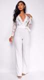 Women Lace Patchwork Long-Sleeved Casual Wide-Leg Jumpsuit