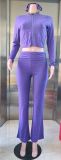 Women's Autumn Winter Stand Collar Zipper Finger Sleeve Top Casual Pants Fashion Headband Three-Piece Set